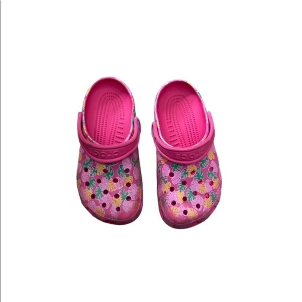 CROCS Women’s Pink Floral Tropical Yellow Green & Pink Palm Leaves‎ Size 4